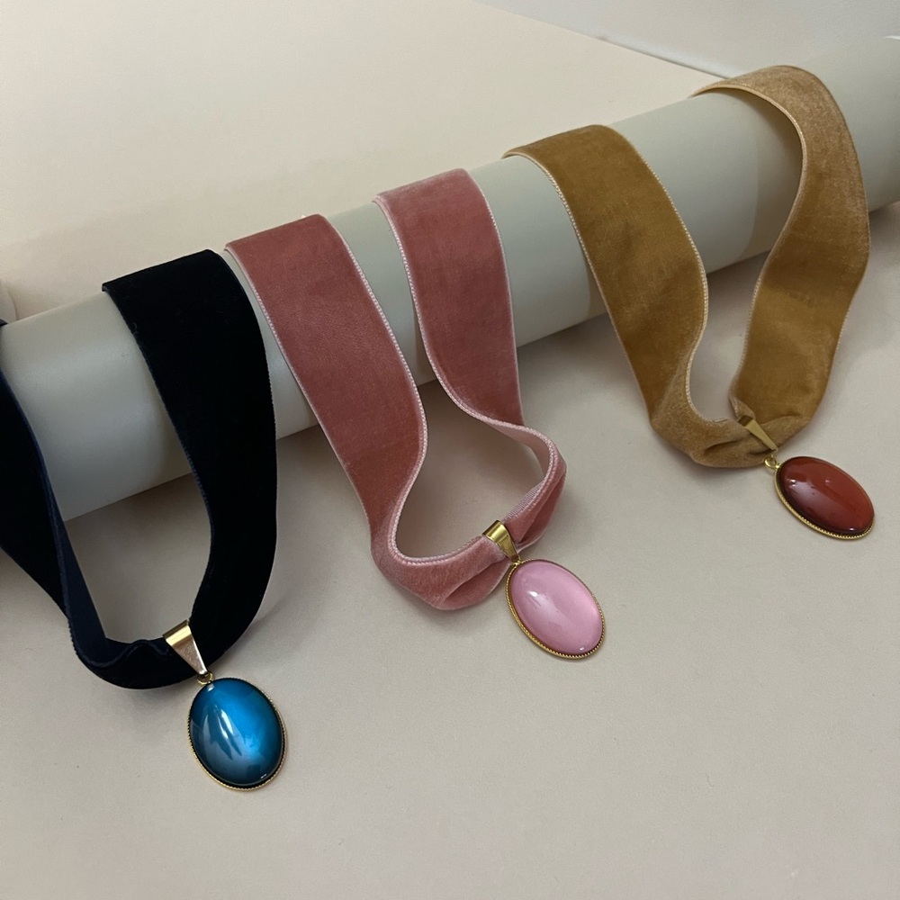 Handmade Statement Velvet Choker: Mid-Century Stainless Steel Resin Pendant
